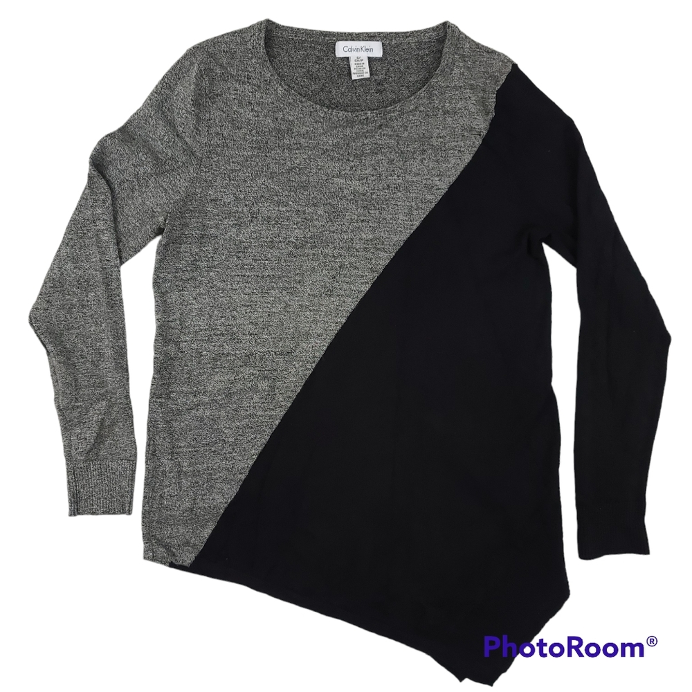 Calvin Klein Sweater Womens Small Asymmetric Tunic Color Block Black Gray